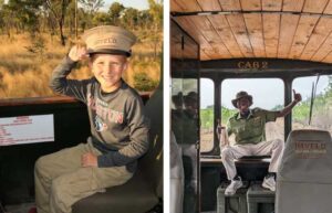 Two photos of the Elephant Express in Hwange, take a ride on our Zimbabwe family holidays