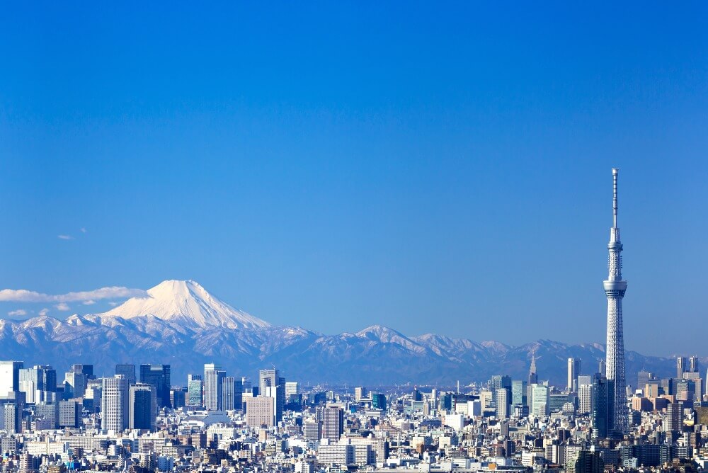 Family holidays in Japan + Tokyo cityscape with Mount Fuji and Sky Tree