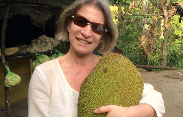Sri Lanka family travel - Helene about to eat an enormous Jackfruit