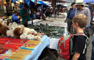 Ecuador with kids - child looking at stalls in market