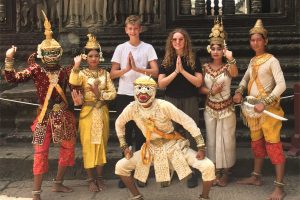 Posing at Angkor Wat with dancers - Cambodia with kids masthead