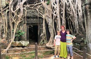 Family outside a Cambodian temple
