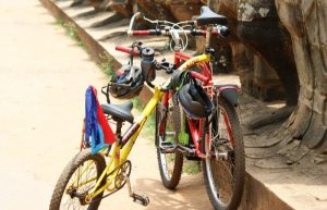Bikes at Angkor Wat - Cambodia with kids