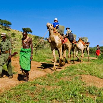 Kids on a camel trek in Kenya on a family adventure holiday