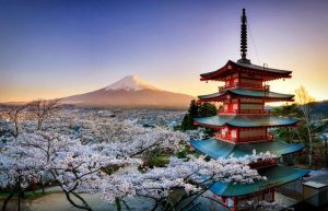 View of Mt Fuji in Japan with cherry blossom , family Easter holidays