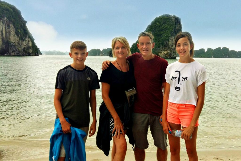 Family portrait in Halong Bay on Vietnam with kids holiday