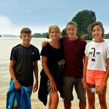 Family portrait in Halong Bay on Vietnam with kids holiday