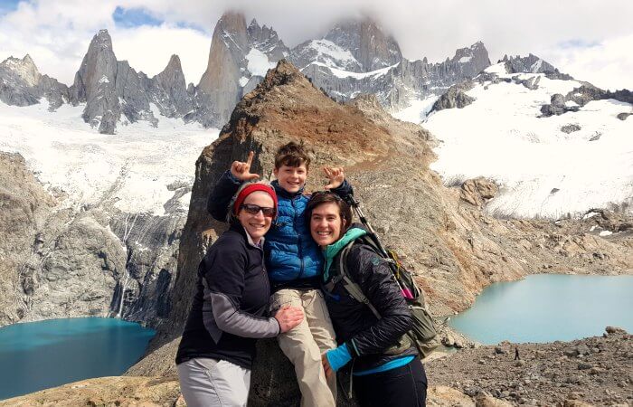 Mother, son and guide trekking in Mt Fitzroy National Park