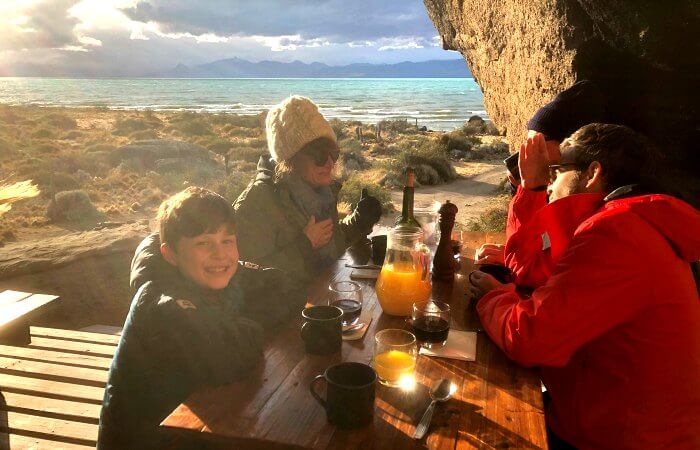 Dinner as the sun sets besides Lake Argentina