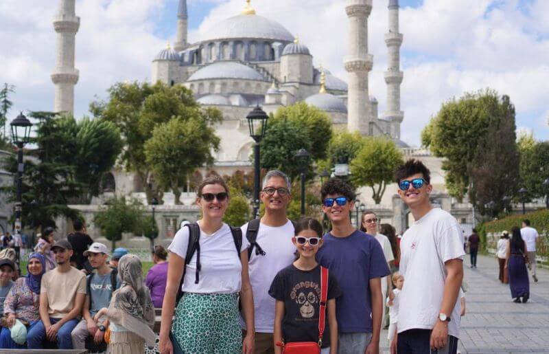 Turkey family holidays - family in front of the Blue Mosque in Istanbul