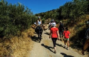 Family walking along dirt country road in Crete with child on a donley
