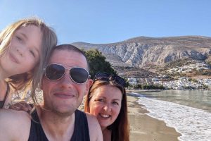 Greece with kids family photo - on the beach in Amorgos