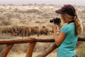 Teenager on Kenya with kids holiday, taking photos of elephants
