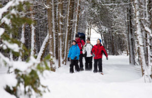 Family of four on holiday in Eastern Canada, snow-shoeing in a forest