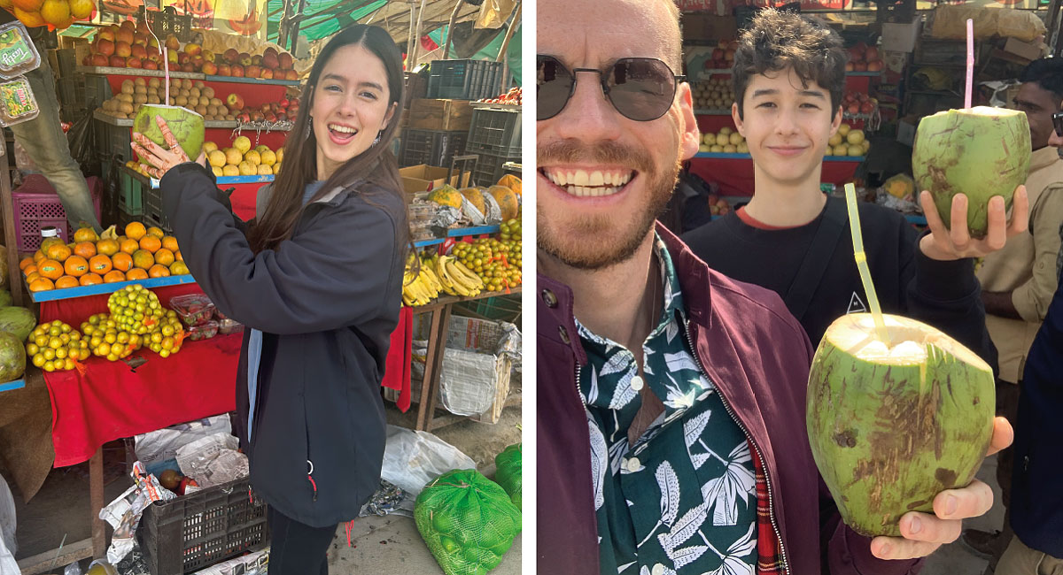 India family photo of fruit market and drinking coconut milk