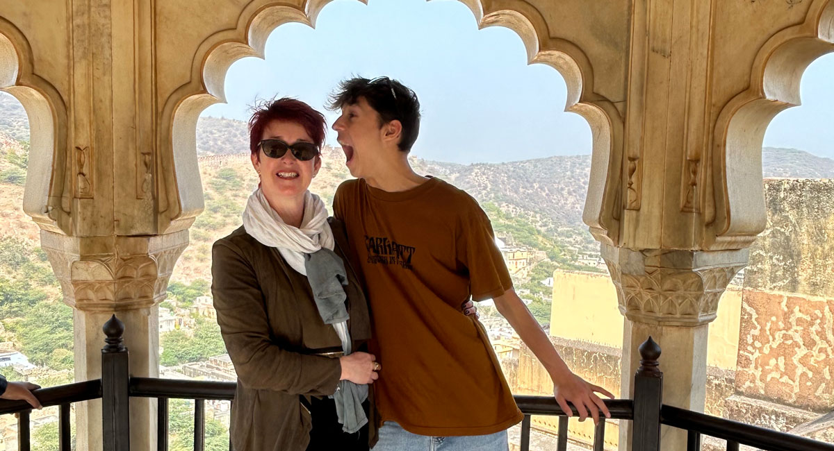 Mother and son at the Amber Fort on Stubborn Mule trip