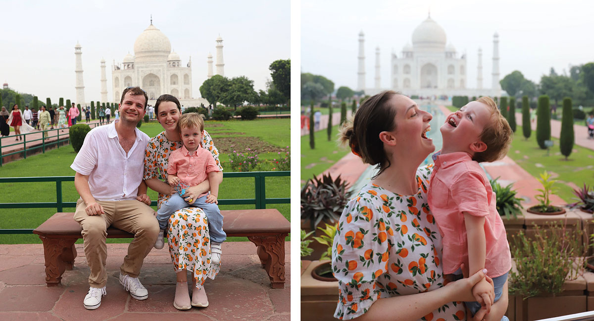 Photos of India - two photos of a family on holiday at the Taj Mahal