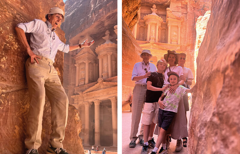 Grandpa guiding family at Petra on a multigenerational family holiday