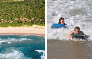 Photo of lodge beside the Indian Ocean and teenagers body boarding
