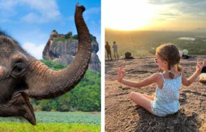 Sri Lanka's Sigiriya with elephant and girl watching the sunset