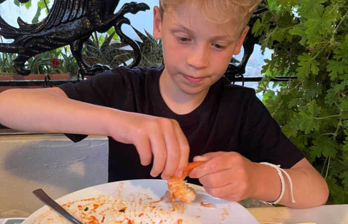 Boy eating dinner on Greek holiday - customer reviews