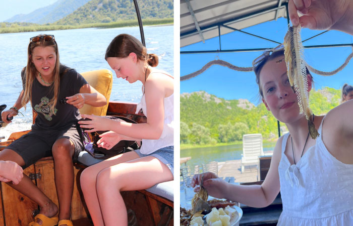 Family on Lake Skadar trip with image of fish and potato lunch