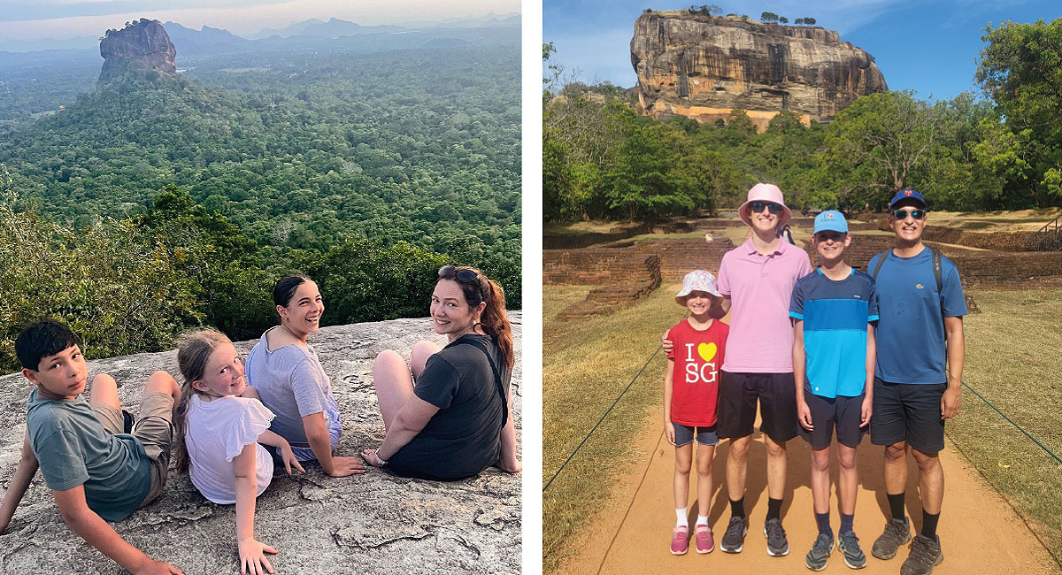 Families at Sigiriya - view from Pidurangala Rock and another family posing in front of the rock