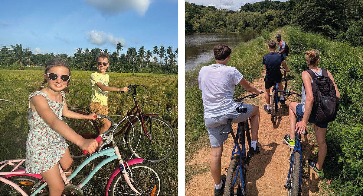 Families in Sri Lanka, exploring the countryside by bike