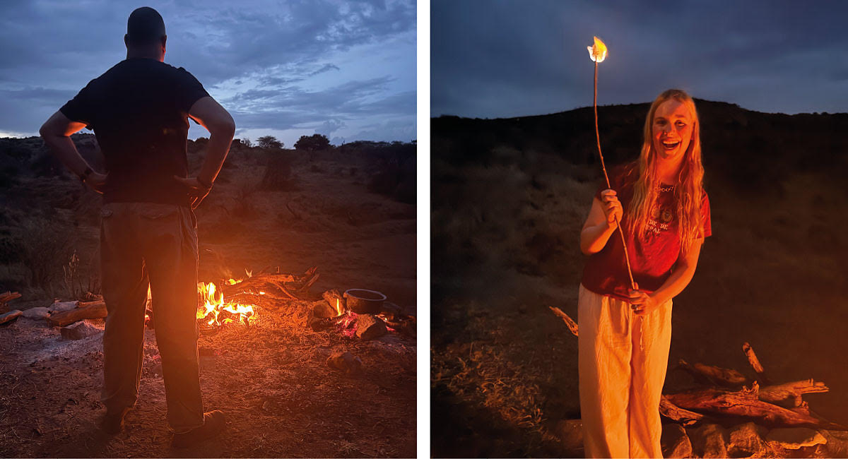 Cooking marshmallows on an open fire in Kenya at a Leopard Hide sleep-out
