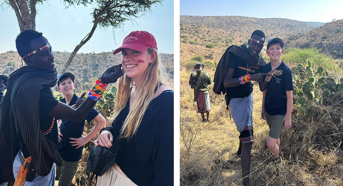 Kids hiking in Laikipia - with traditional face camouflage