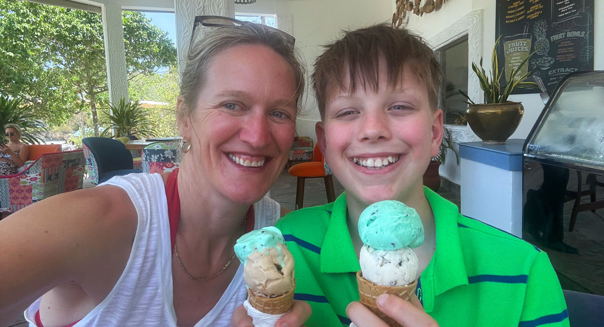 Mum and son eating ice cream on Kenya holiday
