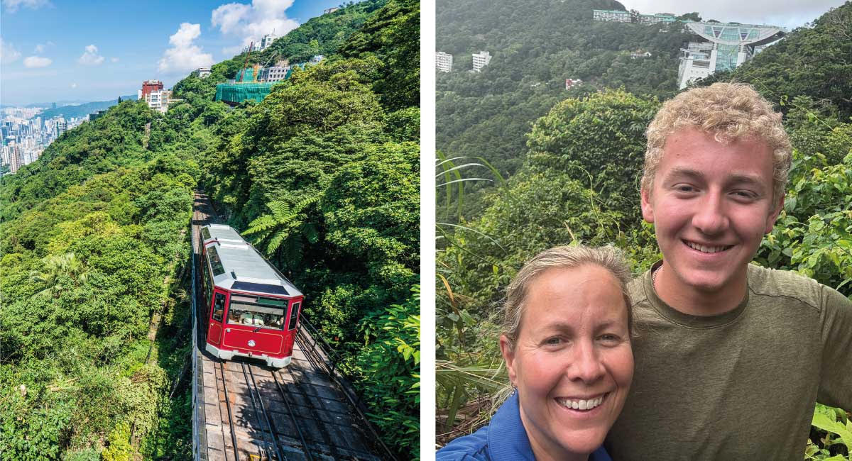 Double photo of Hong Kong Peak and tram, with family taking the path up, on China family tour