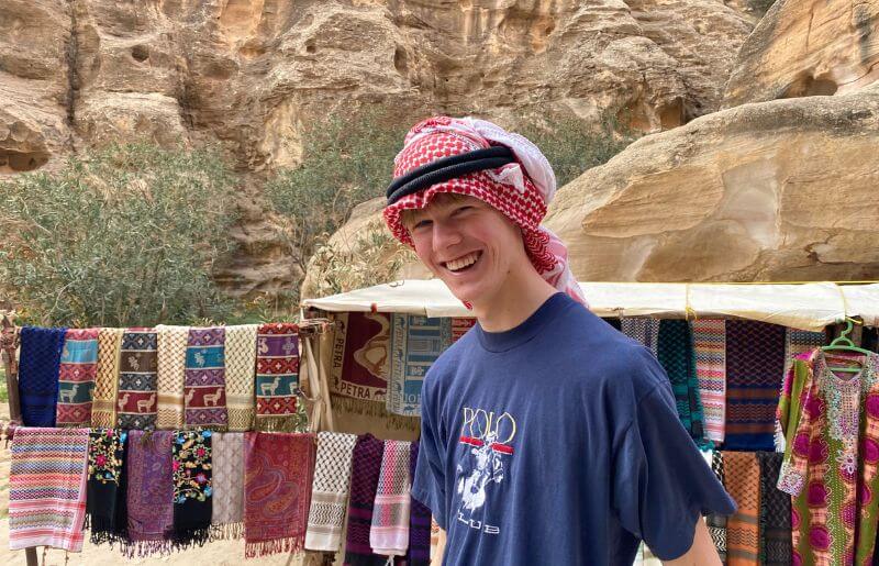 Teenager at Petra, Jordan, family Christmas holiday