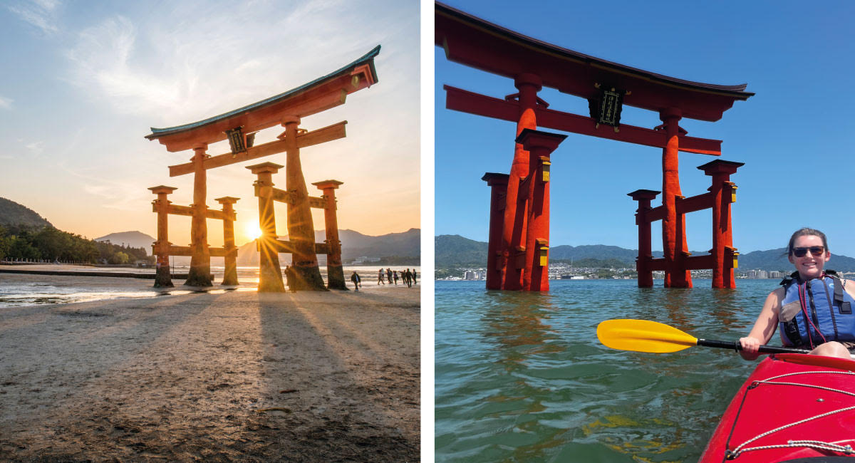 The Great Torii of Miyajima at low tide and next to it, a photo at high tide when families can kayak up close