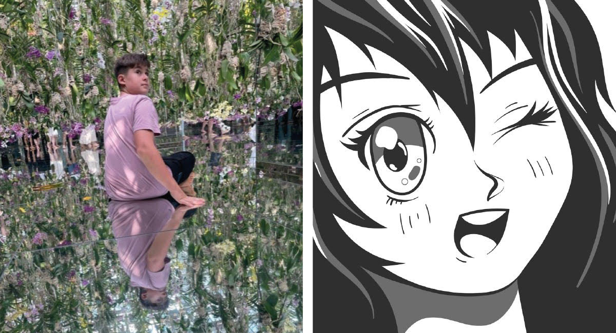 Boy in digital museum in Tokyo - teamLab and anime illustration