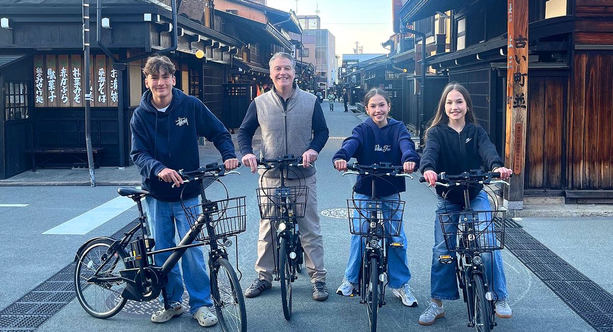 Family exploring on rented bikes in Takayama, Japan with kids itinerary
