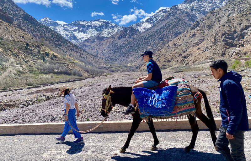 Family walking in the High Atlas mountains with one child riding on a donkey
