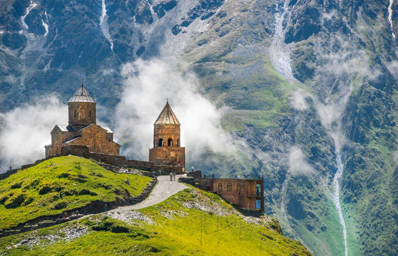 Gergeti Trinity Church in Georgia, with Mount Kazbegi in background