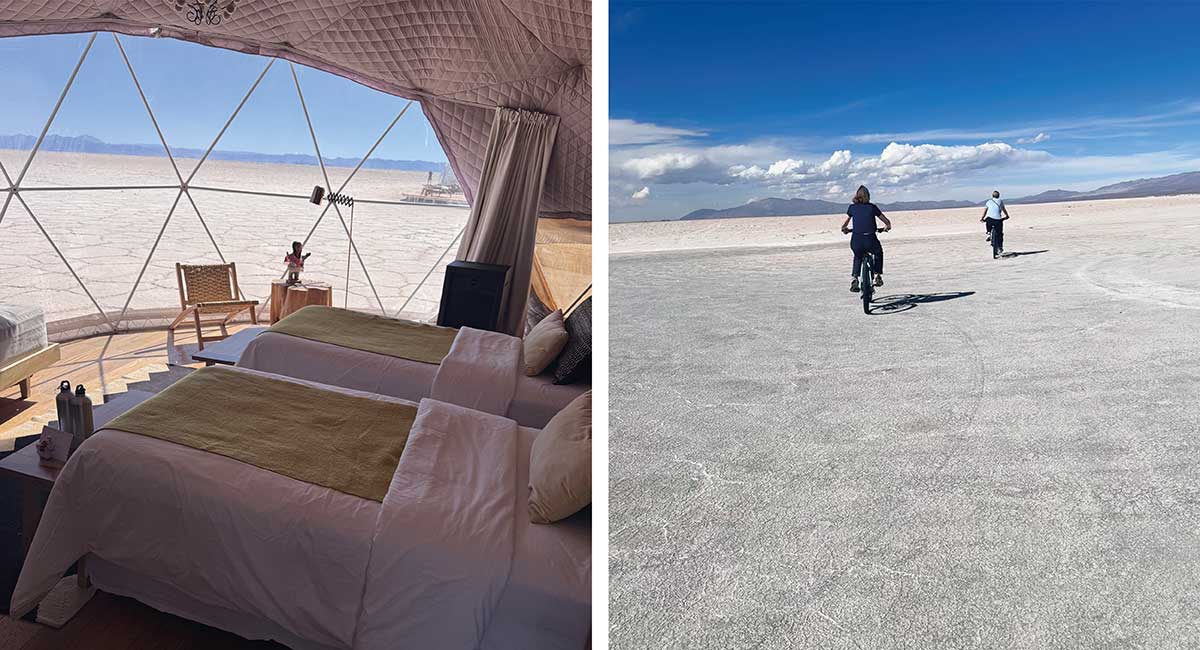 Family-friendly stay in a bubble tent on Argentina's salt flats - with mum and grandma cycling on the slat flats