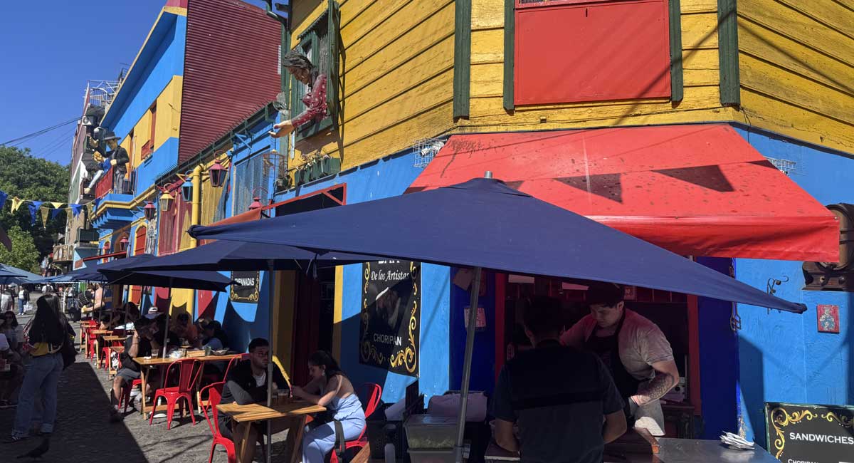 La Boca District in Buenos Aires, fun to visit with kids, with its bright coloured building, cafes and museums