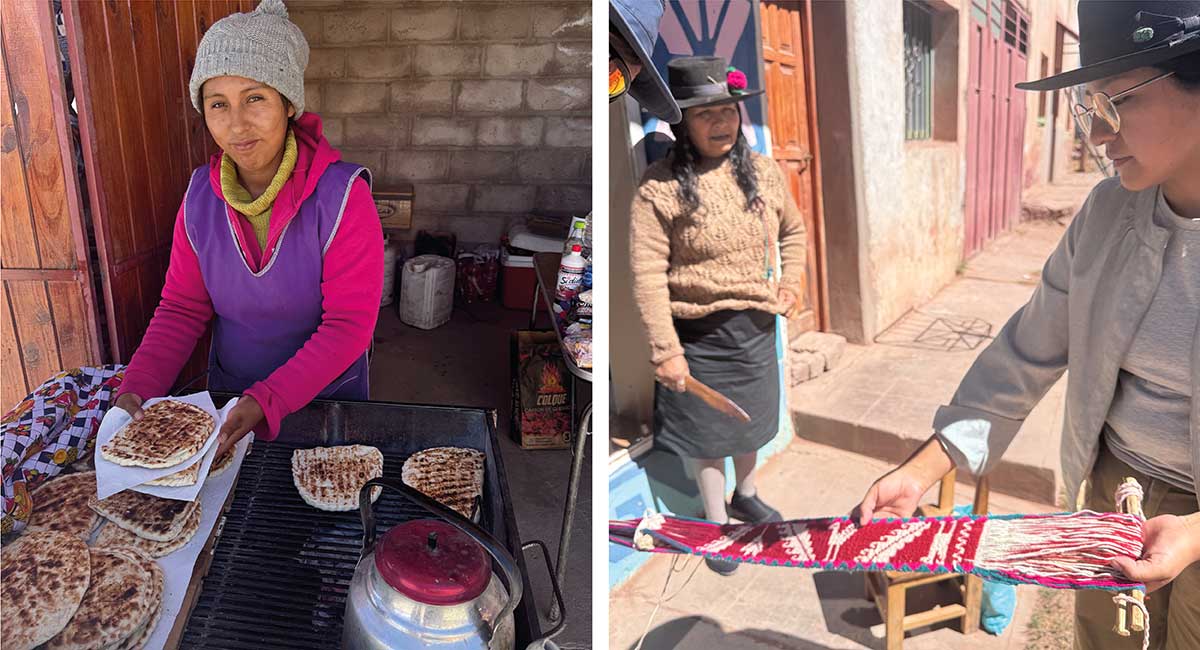 Women weaving in the Humahuaca Valley, and another selling food, on Argentina family road trip