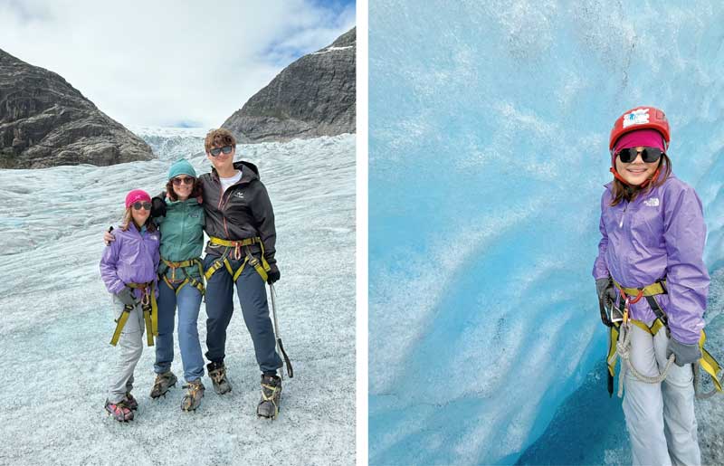 Teenagers enjoy a guided glacier hike in Norway (complete with hired crampons), arranged by Stubborn Mule Travel