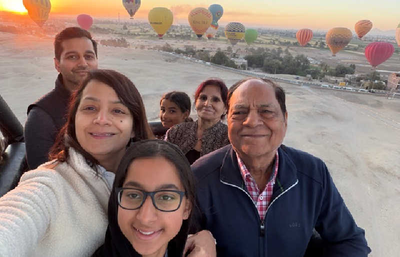 A multigenerational family enjoying a hot-air balloon ride on an Egypt family holiday, arranged by Stubborn Mule Travel