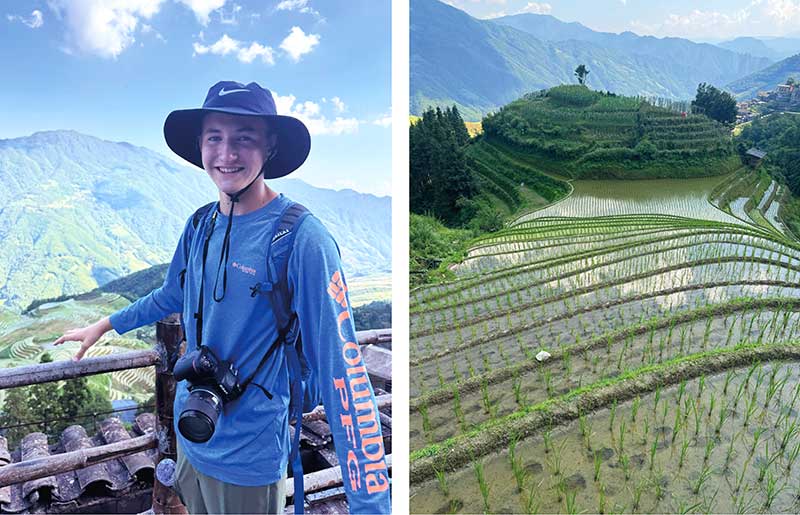 Teenager hiking through rice terraces in Longsheng, China, on a trip organised by Stubborn Mule Travel, China experts