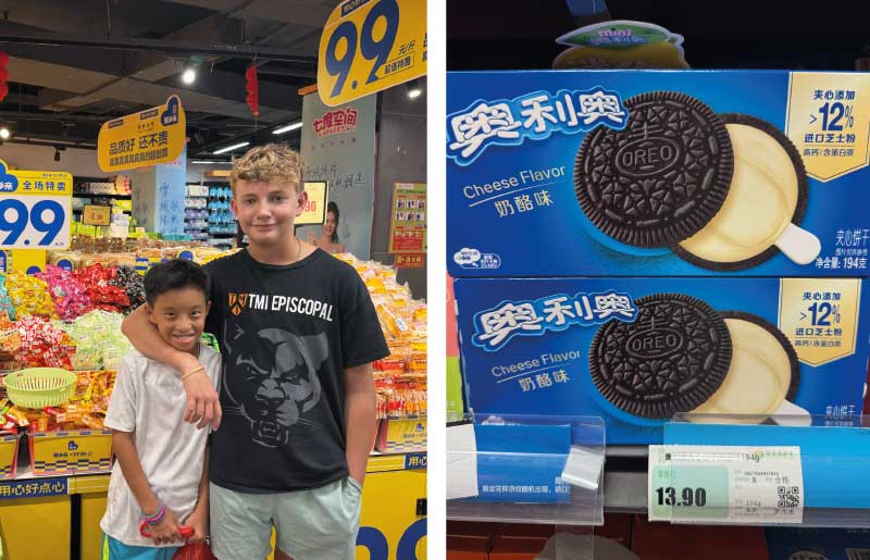 kids choosing snacks when travelling in China on family holiday