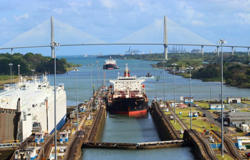 A large ship entering a lock on the Panama Canal