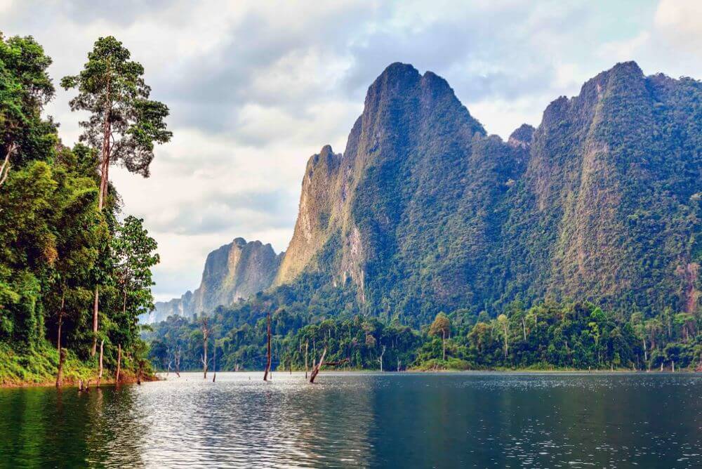 The rocky backdrop of Cheow Lan Lake in Khao Sok National Park