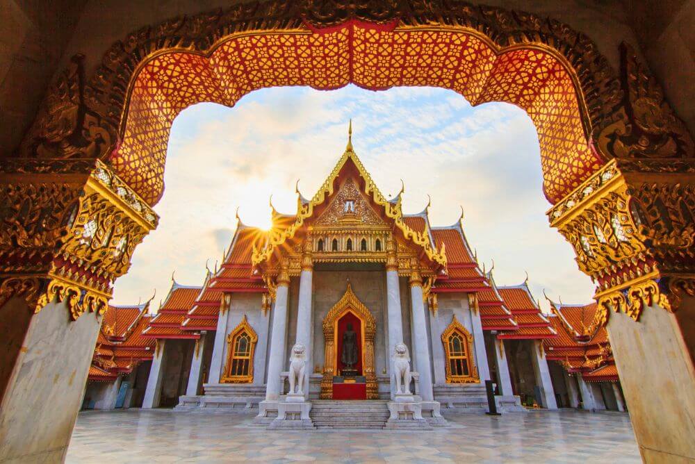 A view through the arch to the Marble Temple in Bangkok