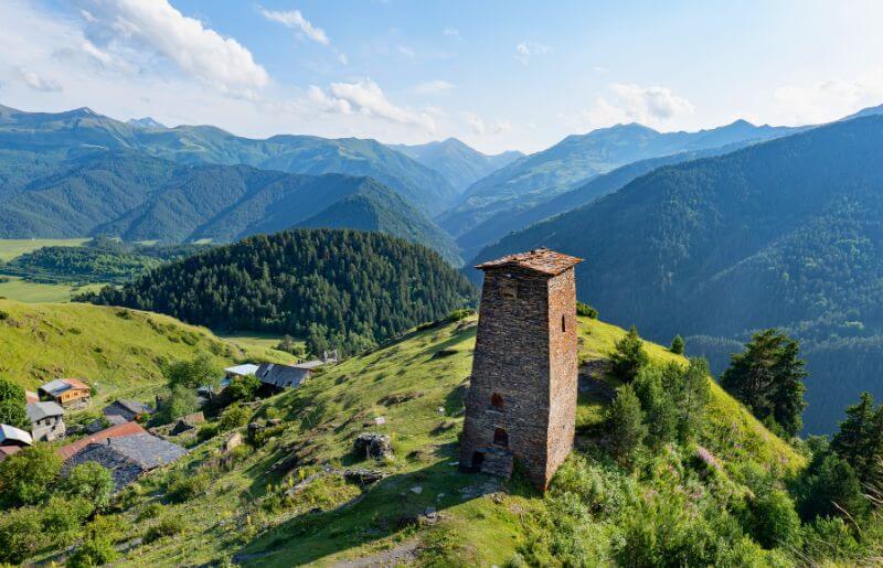 Historic stone tower in Tusheti - family-friendly holidays in Georgia