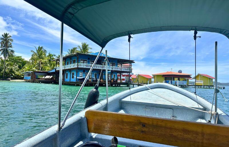 Arriving by boat to the hotel in Bocas del Toro - family-friendly holidays to Panama
